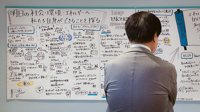 「明日の社会・環境・エネルギーへ… 私たち自身ができることを探る」をテーマにしたグラフィックレコーディング