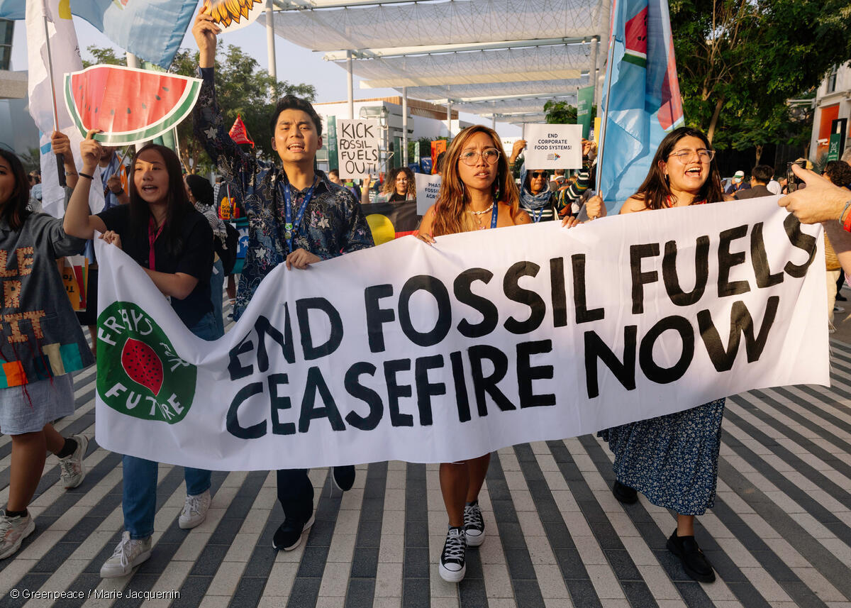 Civil society groups, NGOs, and grassroots organisations march for climate justice and human rights during a Global Day of Action inside the United Nations Climate Change Conference COP28 venue in Dubai, UAE.
