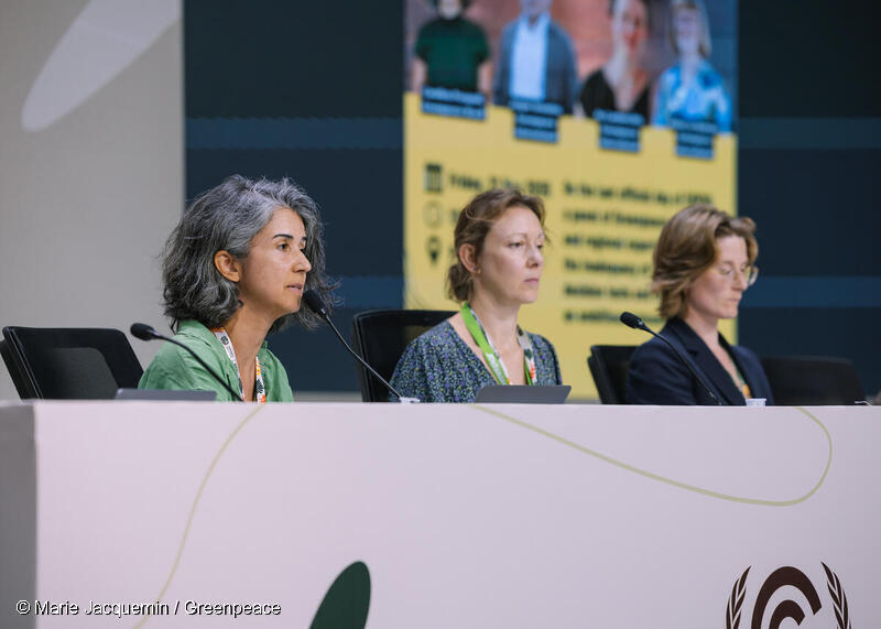 COP30の公式最終日に記者会見を開催、グリーンピースの政策担当が決定文書の概要と、より野心的な成果の必要性を述べた。ブラジル、ベレン。2025年11月21日