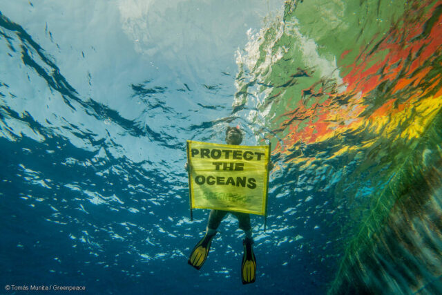 海を守れと書いたバナーを海中で掲げるグリーンピースのアクティビスト