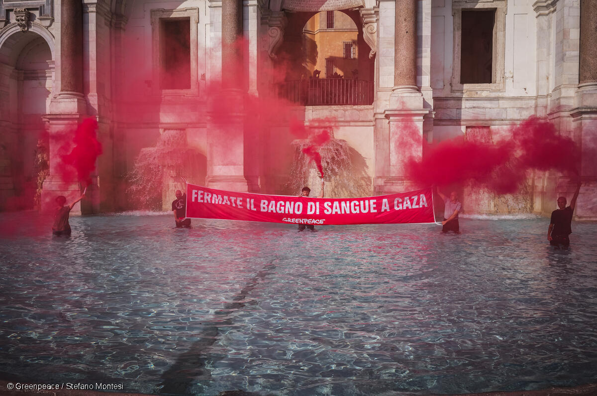 グリーンピース・イタリアの活動家たちによる「Stop Genocide（ジェノサイドを止めろ）」アクション