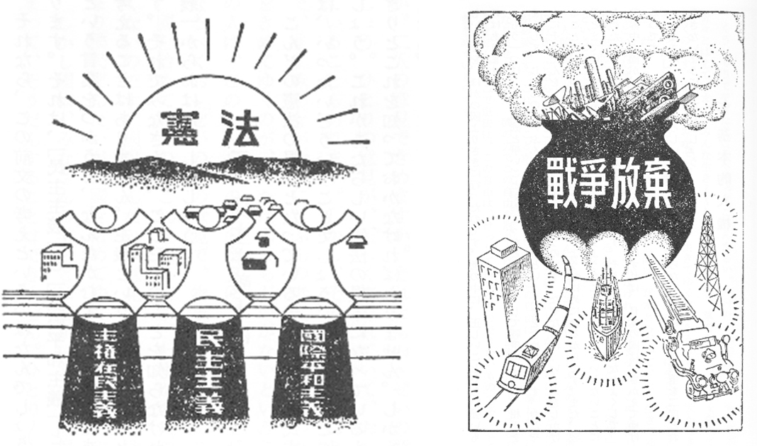 終戦後に使用された中学校1年生用社会科の教科書『あたらしい憲法のはなし』で「日本国憲法の三原則（左）」と「戦争放棄の原則（右）」を表した挿し絵