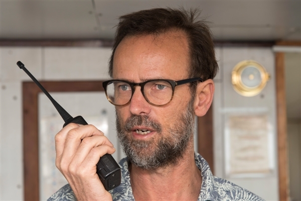 Captain Mike Fincken on bridge of the Esperanza.  The Greenpeace ship Esperanza is on tour in West African waters to address the problem of overfishing in the region.