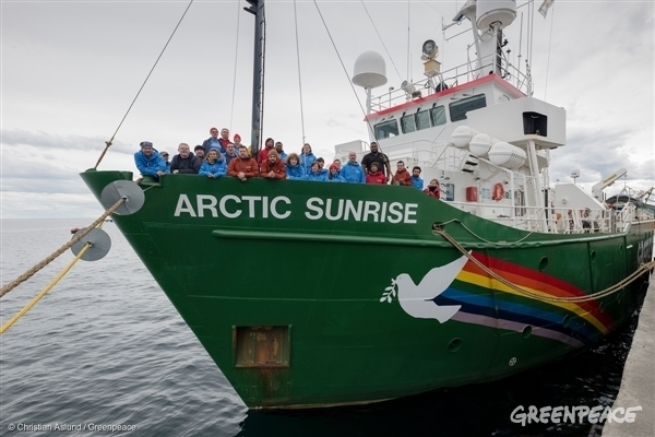 Crew on board the Arctic Sunrise before it leaves for the Antarctic, 2018