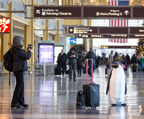 Posing for travellers at Washington National Airport in the United States.