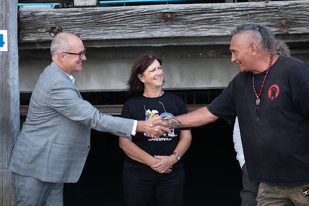 Carmen Hetaraka greets Minister Phil Twyford