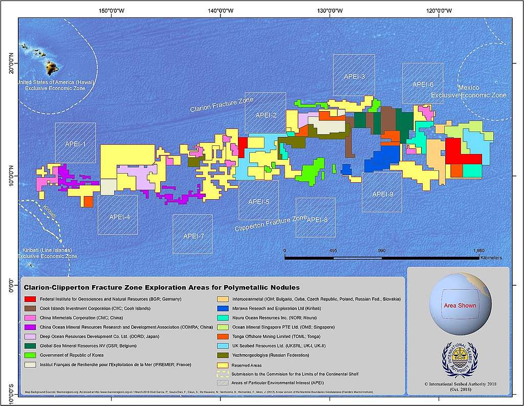 A map showing the exploration zone for deep sea mining in the Pacific Ocean. A map showing the exploration zone for deep sea mining in the Pacific Ocean.