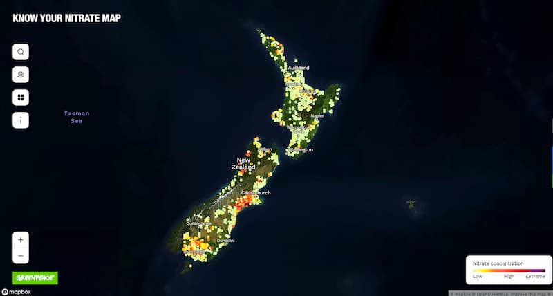 Nitrate map indicates drinking water nitrate contamination levels across New Zealand