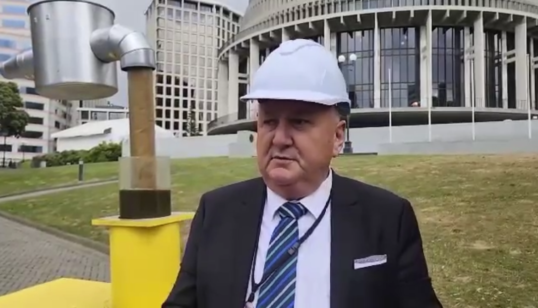 Shane Jones wearing a hard-hat at Parliament