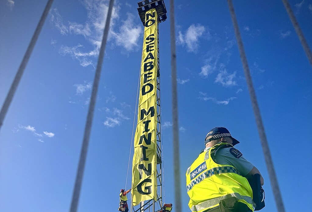 A 22m vertical banner on a light tower in Wellington reads No Seabed Mining © Dave Lintott / GREENPEACE
