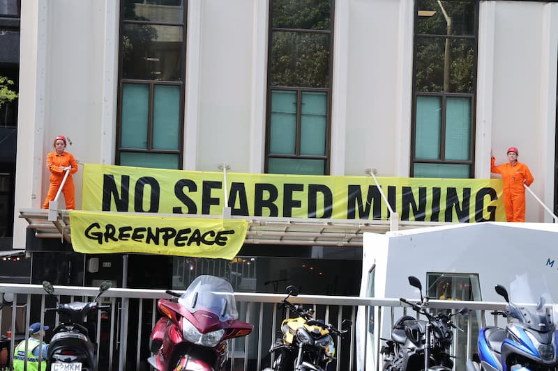 Greenpeace activists are occupying the Wellington offices of mining industry lobbyist Straterra to protest plans to Fast Track its client Trans-Tasman Resources' seabed mining in the South Taranaki Bight. A banner on the building reads No Seabed Mining.