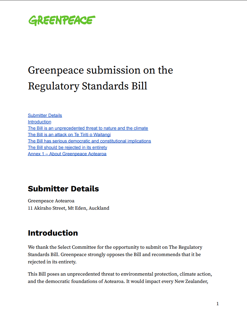 Greenpeace submission on the Regulatory Standards Bill