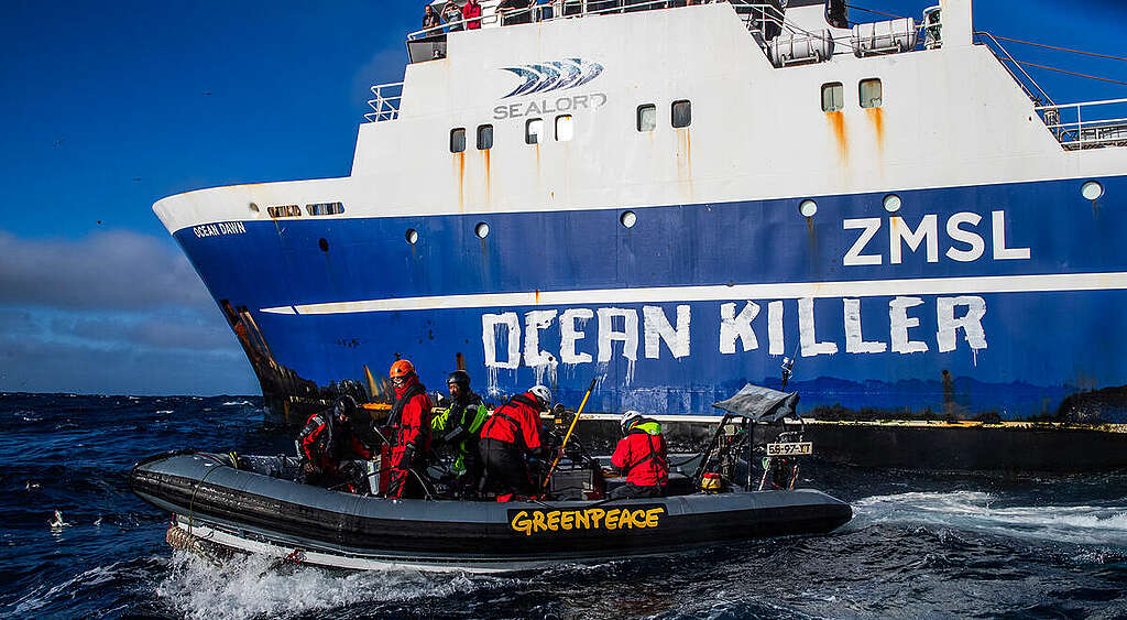 Greenpeace Aotearoa activists paint “ocean killer” on the hull of Ocean Dawn, a bottom trawling vessel owned by Sealord. Greenpeace is documenting bottom trawlers on the Chatham Rise off the east coast of the South Island as part of a campaign to ban bottom trawling on seamounts and features. © Paul Hilton / GreenpeacePhoto: Paul Hilton / Greenpeace Greenpeace Aotearoa activists paint “ocean killer” on the hull of Ocean Dawn, a bottom trawling vessel owned by Sealord. Greenpeace is documenting bottom trawlers on the Chatham Rise off the east coast of the South Island as part of a campaign to ban bottom trawling on seamounts and features. © Paul Hilton / GreenpeacePhoto: Paul Hilton / Greenpeace
