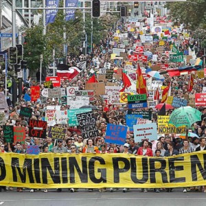 A crowd of more than 40,000 people march against the NZ Government's plans to mine thousands of hectares of prime conservation land, including National Parks. The march up Auckland's Queen St was organised by Greenpeace and a range of other groups.