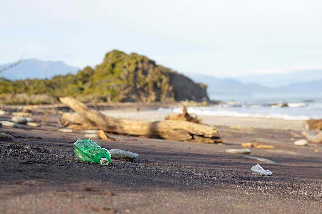 Plastic bottle discarded on a West Coast beach