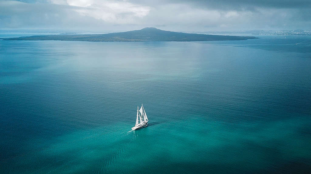 The Rainbow Warrior with Rangitoto in the background Zoom background image 
© Greenpeace / Geoff Reid