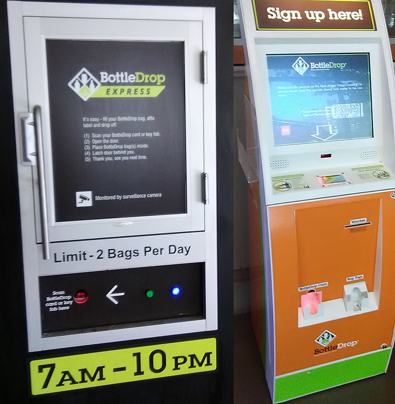 BottleDrop Express drop vault for depositing tagged green bags and a BottleDrop kiosk for creating an account, printing out redemption ticket and bag tags for green bags