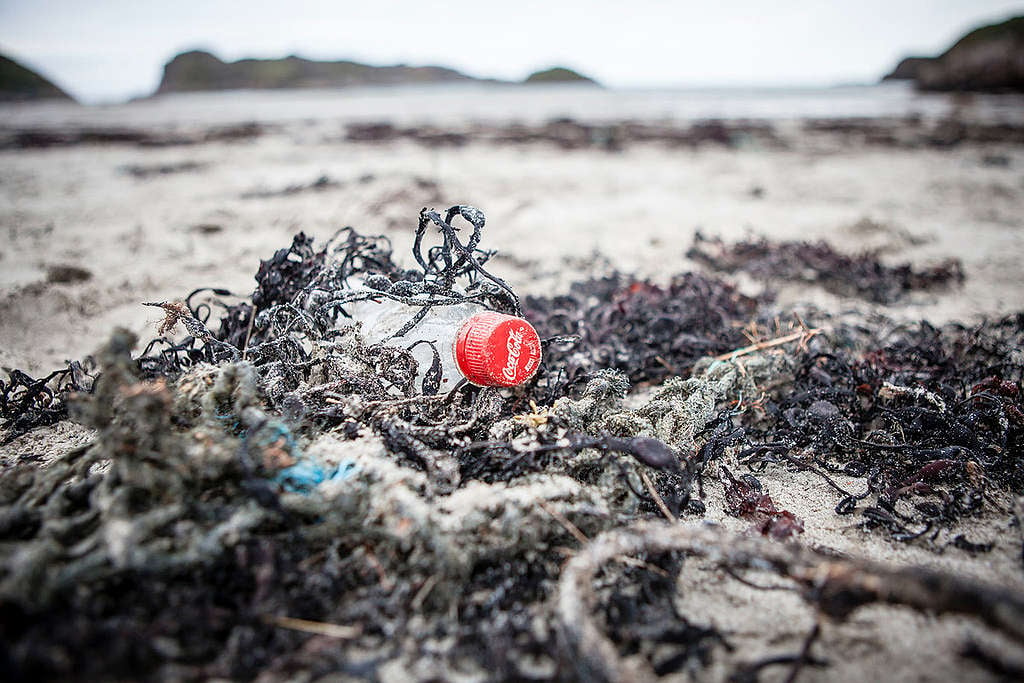 Coke Bottles Found on Mull Beach in Scotland. © Will Rose / Greenpeace