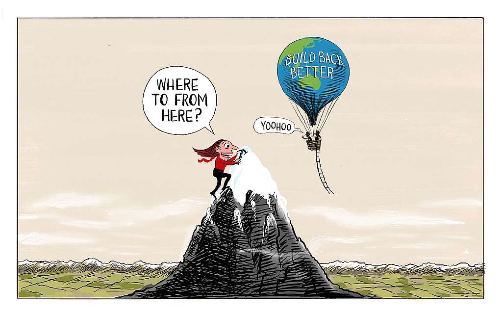 Cartoon showing Jacinda Ardern reaching the top of the highest mountain (referencing her recent political win) and then asking "where to from here"? A little higher is a hot air balloon which is painted like the Earth and carrying the name "Build Back Better" and has a rope ladder swinging towards Ardern on her snowy mountain peak. 