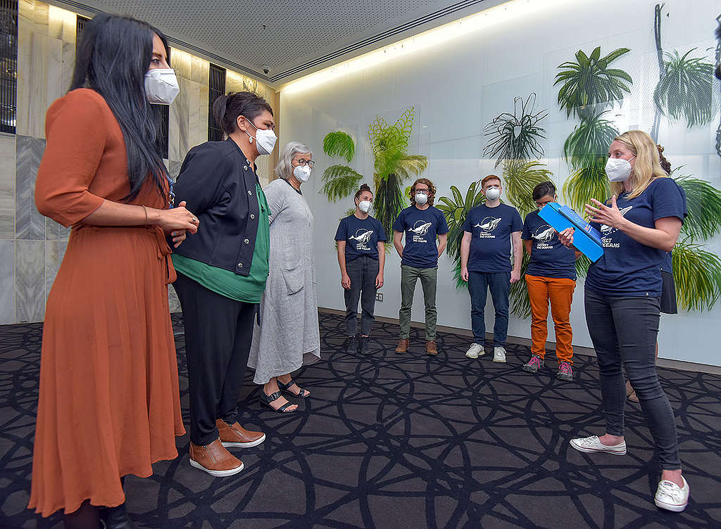 From left, Green MP Golriz Ghahraman, Minister of Foreign Affairs Nanaia Mahuta and Green MP Eugenie Sage receive a Global Oceans Treaty petition from Greenpeace Aotearoa's Ellie Hooper (right) at NZ Parliament in Wellington, New Zealand on Wednesday, 9 February 2022.