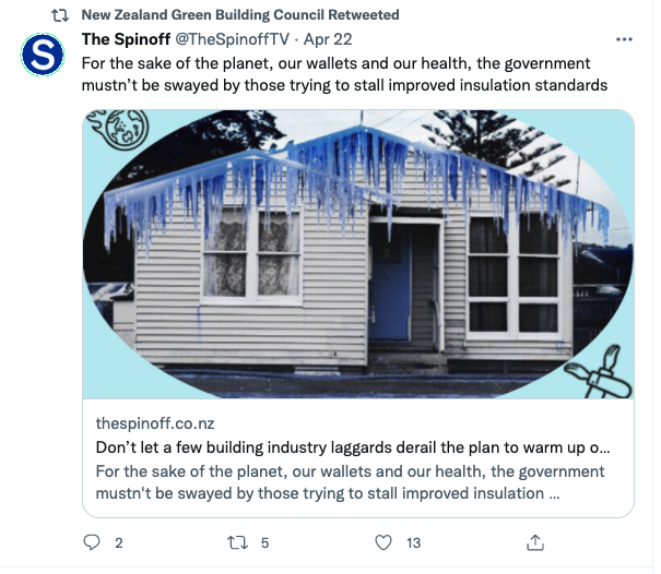 A tweet from the Spinoff with the image of a house with icicles dripping off it: For the sake of the planet, our wallets and our health, the governmnent mustn't be swayed by those trying to stall improved insulation standards