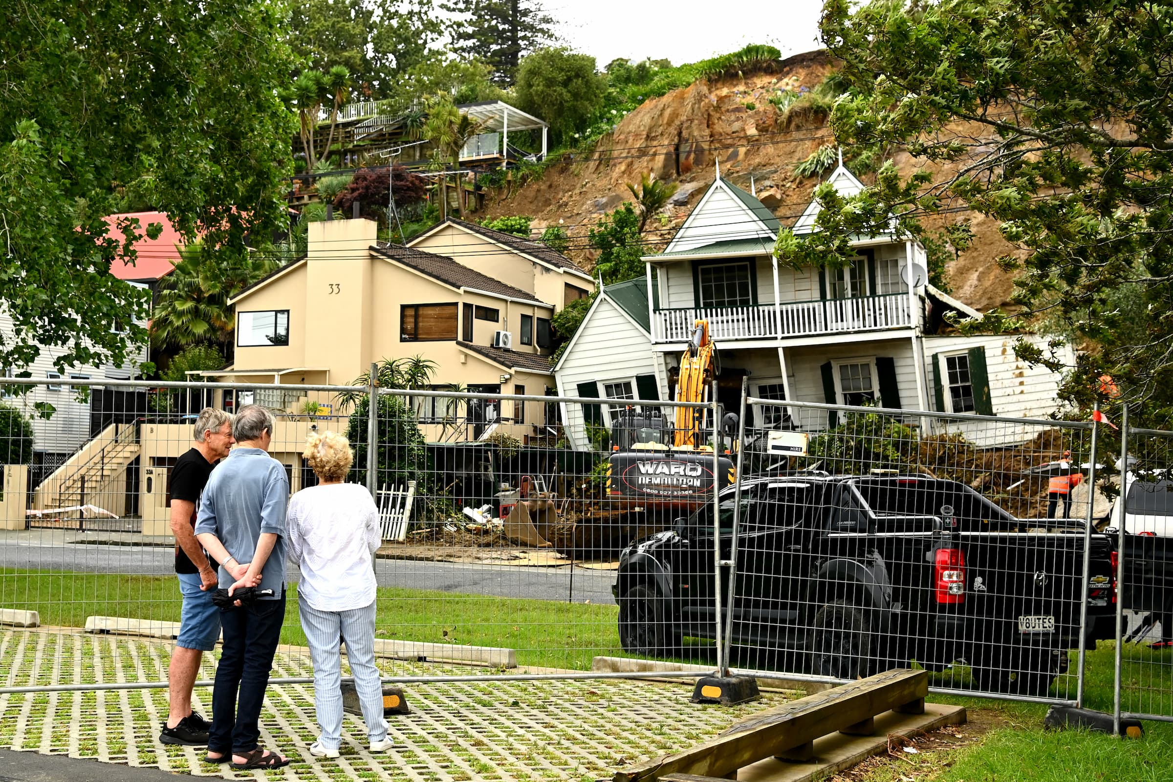 A damaged property where an a man was found dead after a landslide hit is seen in Remuera on January 29, 2023 in Auckland, New Zealand. New Zealand's largest city, Auckland, was hit with a historic amount of torrential rainfall on Friday, causing severe flooding which inundated roads and property across the city, with three people so far confirmed dead. Residents and emergency services began to take stock of the damage from the largest amount of rainfall in a day on record, and began recovery efforts over the weekend. (Photo by Hannah Peters/Getty Images)