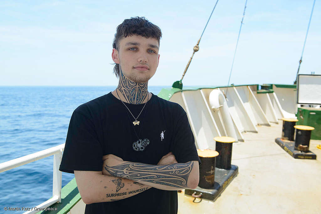 Māori activist Quack Pirihi (Ngāpuhi, Ngāti Wai, Ngati Porou, Ngāti Whatua o Kaipara whakapapa) on board the Greenpeace ship Arctic Sunrise.