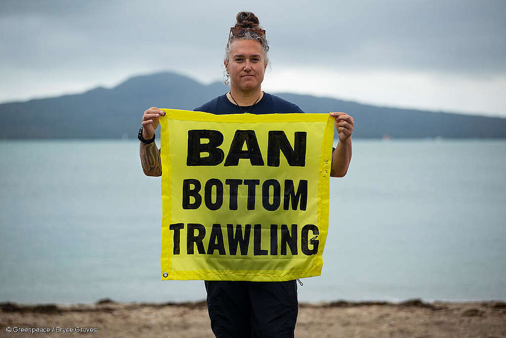Forest & Bird campaigner Bianca Ranson holds a bright yellow banner saying Ban Bottom Trawling, with Rangitoto in the background