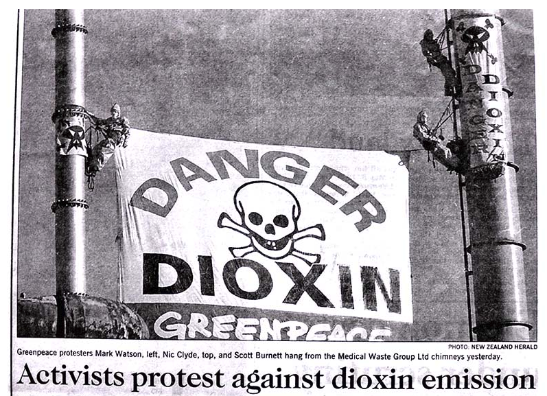 16 June 1997 This report with photo on Greenpeace activists shutting down a South Auckland toxic waste incinerator was published in the NZ Herald