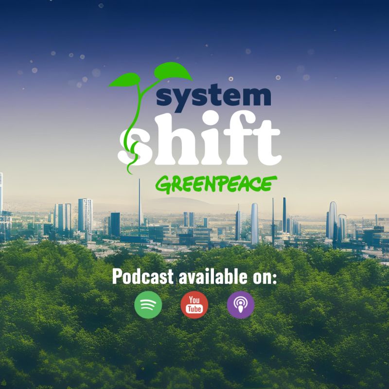 Text says SystemShift Greenpeace, over image of a green futuristic city