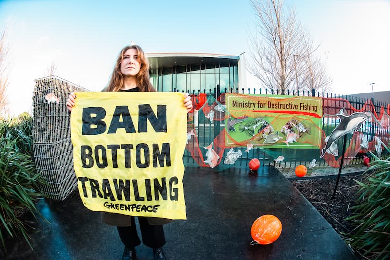 Greenpeace programme director Niamh O'Flynn outside the Ministry for Primary Industries rebranded to Ministry for Destructive Fishing