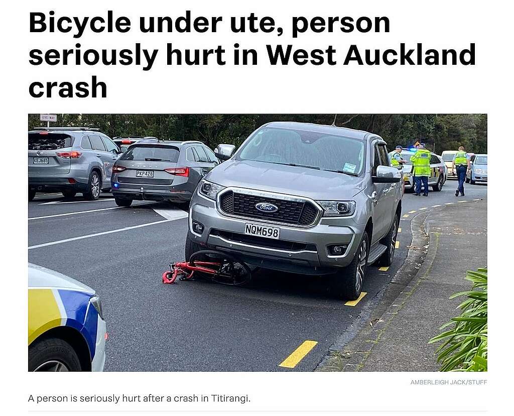 A bicycle ended up under a ute during a crash in West Auckland where a person was seriously hurt.