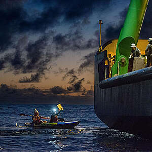Greenpeace International activists from around the world have paddled and protested around MV COCO, a specialized offshore drilling vessel currently collecting data for deep sea mining frontrunner, The Metals Company, on its last expedition before it files the world’s first ever application to mine the seabed in the Pacific Ocean.