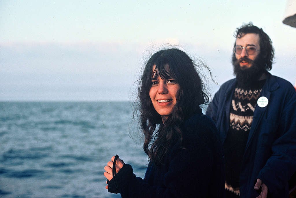 Susie Newborn on the deck of the Rainbow Warrior during campaign against Icelandic whaling.