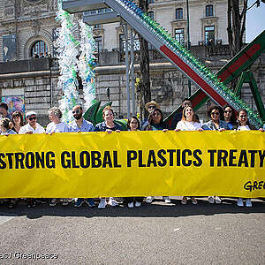 Greenpeace International together with artist and activist Benjamin Von Wong unveil a 5-metre tall art installation called the #PerpetualPlastic Machine on the banks of the Seine River on Saturday, May 27, 2023 to present a clear message: the Global Plastics Treaty must stop runaway plastic production and use.
