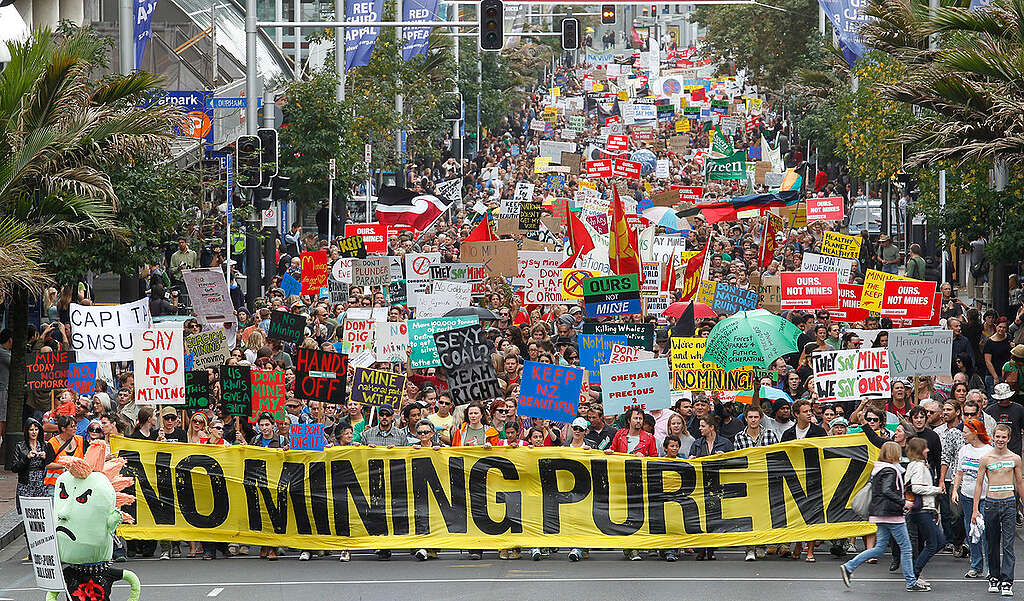 March against Mining in Auckland A colourful protest from 2011 with more than 40,000 New Zealanders fills Queen Street in Auckland, behind a yellow banner reading 'NO MINING PURE NZ'. They are protesting the Government's plans to open Schedule-4 conservation land to mining.
Today, Greenpeace is calling for submissions against the Conservation Amendment Bill, arguing that it poses an even greater threat to conservation land in Aotearoa.