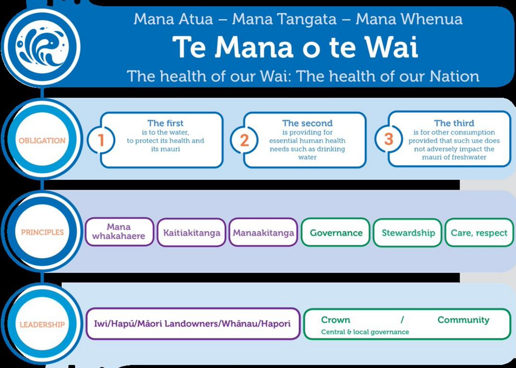 An info graphic that lays out the parts of Te Mana o te Wai - the obligations, principles and leadership.
