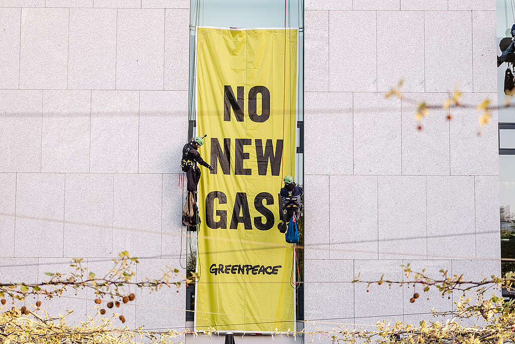 Greenpeace activists protest in front of the Lower Saxony state parliament in Hanover against planned gas drilling near the North Sea island of Borkum where the Dutch company One-Dyas wants to develop a gas field in the immediate vicinity of the UNESCO World Heritage. © Insa Hagemann / Greenpeace