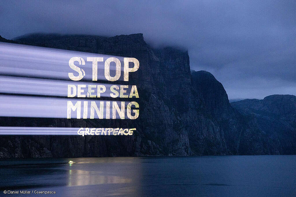 Greenpeace projects ‘Stop deep-sea mining’ onto the Lysefjord in southern Norway (east of Stavanger), near the Preikestolen (Preacher's Chair) rock Greenpeace projects ‘Stop deep-sea mining’ onto the Lysefjord in southern Norway (east of Stavanger), near the Preikestolen (Preacher's Chair) rock