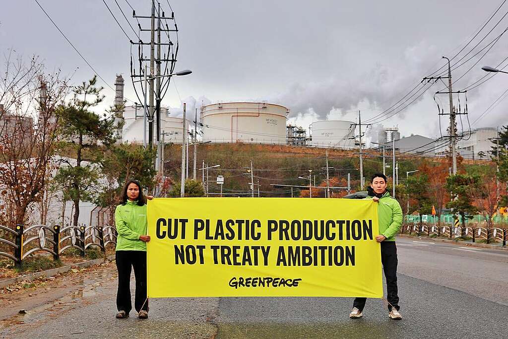 Activists from Greenpeace East Asia hold banners in English and Korean in front of a petrochemical complex near Dangjin, South Korea, 300km from where world leaders are gathered at the Global Plastics Treaty negotiations in Busan. Plastic is toxic throughout its entire lifecycle, beginning with production of the raw materials at facilities like this. Greenpeace is demanding a Global Plastics Treaty which includes cuts to production. Activists from Greenpeace East Asia hold banners in English and Korean in front of a petrochemical complex near Dangjin, South Korea, 300km from where world leaders are gathered at the Global Plastics Treaty negotiations in Busan.
Plastic is toxic throughout its entire lifecycle, beginning with production of the raw materials at facilities like this. Greenpeace is demanding a Global Plastics Treaty which includes cuts to production.