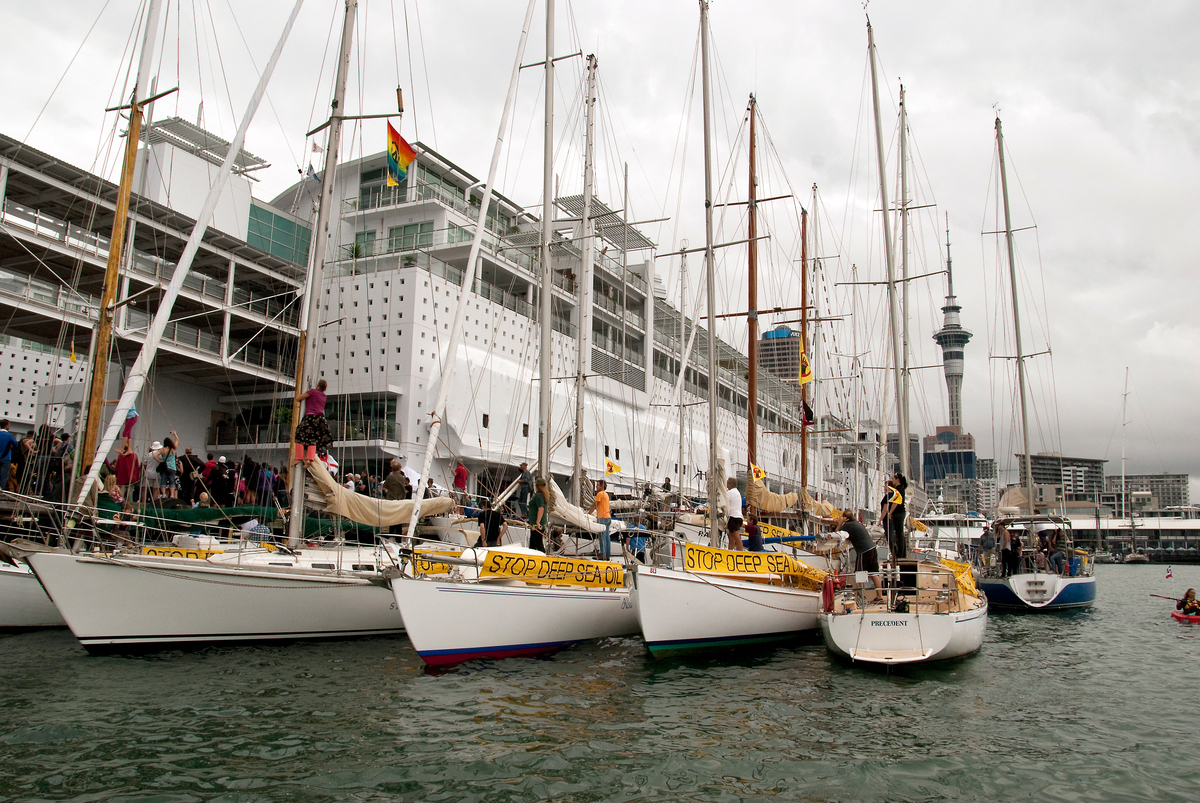 The veteran protest yacht Vega and three other yachts in the Greenpeace protest flotilla prepare to leave Auckland harbour heading to Whangaparaoa Bay by Cape Runaway on the East Cape of the North Island to join te Whanau-a-Apanui in their campaign to defend the coast from deep sea oil exploration.