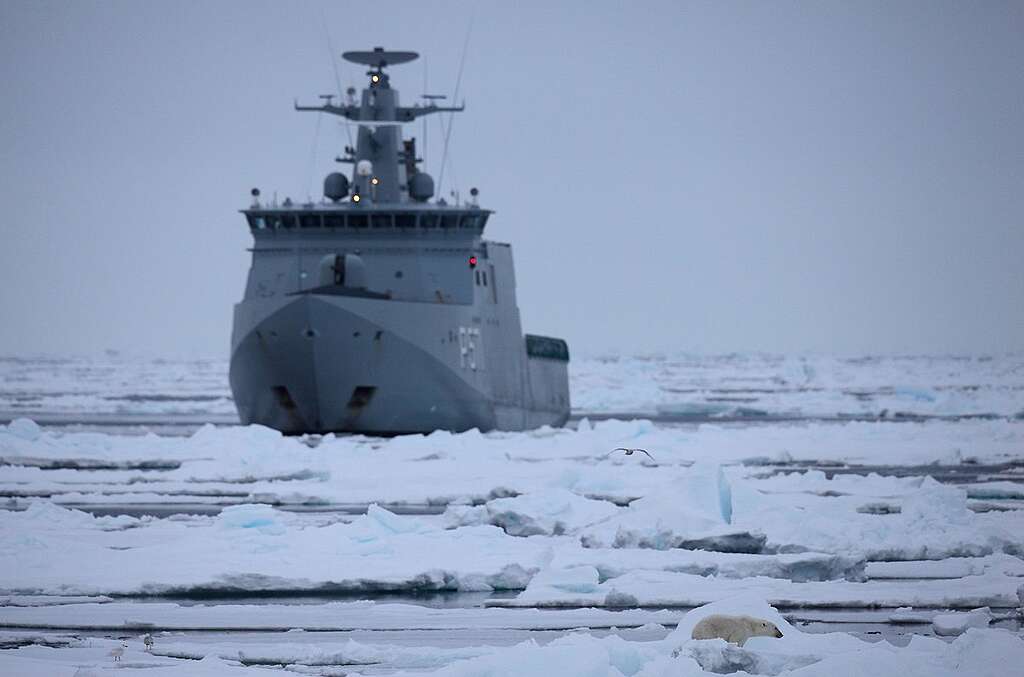 A polar bear feasts on a seal in close proximity of the HDMS Ejnar Mikkelsen (P 571), a Royal Danish Navy patrol vessel in the ice of the Labrador Sea off the Canadian coast. After a call from the captain of the Greenpeace ship Arctic Sunrise to 'mind the polar bear', the Danish navy ship changed course thus avoiding a disturbing encounter with the bear.