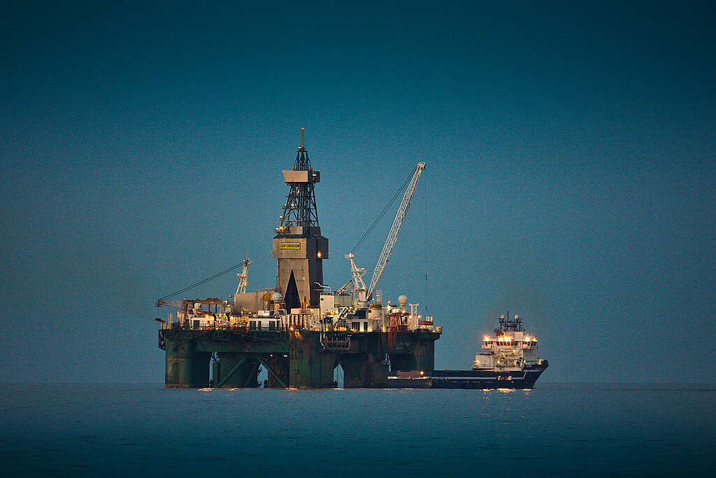 The 53,000 tonne drill rig Leiv Eiriksson, 180 km off the Greenland coast. The 53,000 tonne drill rig Leiv Eiriksson, 180 km off the Greenland coast.