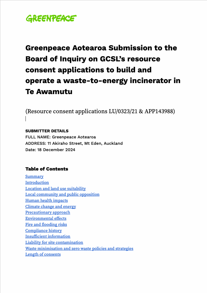 Greenpeace Aotearoa Submission to the Board of Inquiry on GCSL’s resource consent applications to build and operate a waste-to-energy incinerator in Te Awamutu