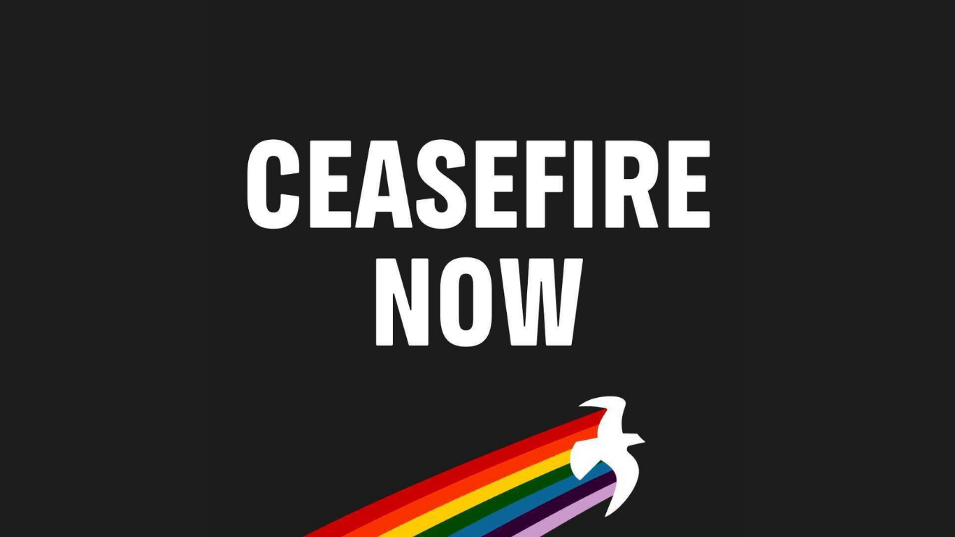 Ceasefire now with the Greenpeace Peace Dove and Rainbow motif