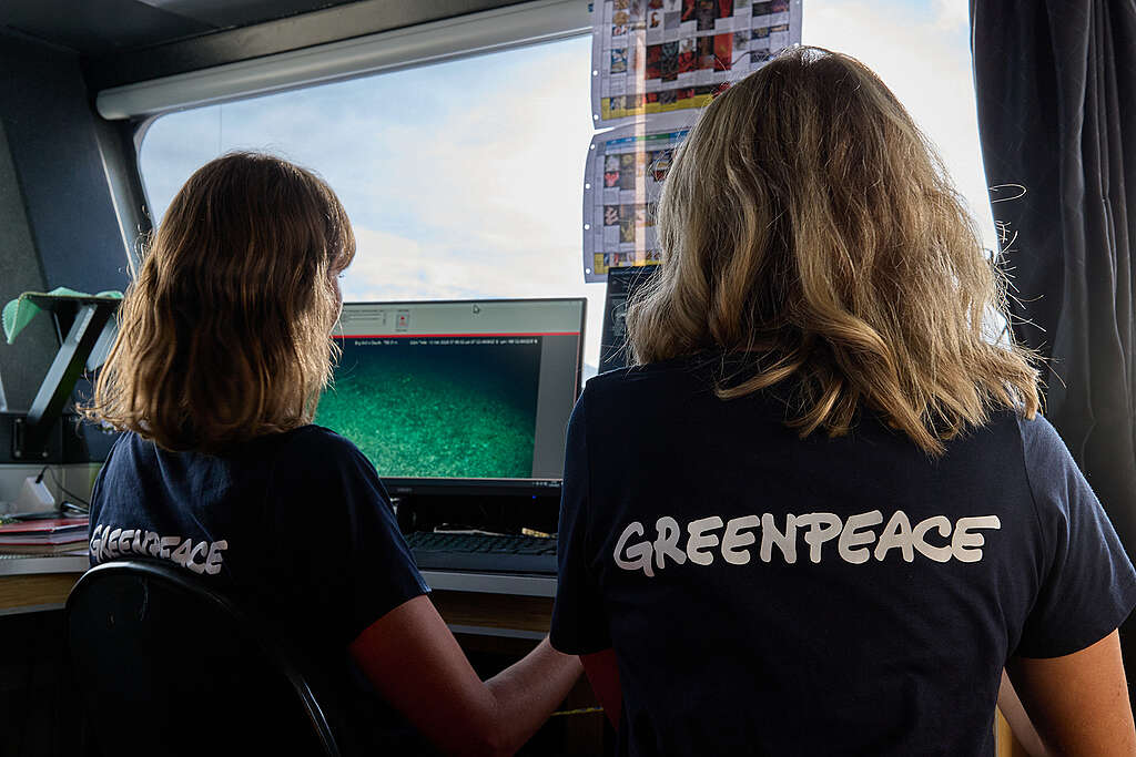 Scientist Dr Paige Maroni and Greenpeace oceans campaigner, Ellie Hooper, look at deep sea camera images of the seafloor on a screen onboard the Greenpeace Seamount Expedition Scientist Dr Paige Maroni and Greenpeace oceans campaigner, Ellie Hooper, look at deep sea camera images of the seafloor on a screen onboard the Greenpeace Seamount Expedition