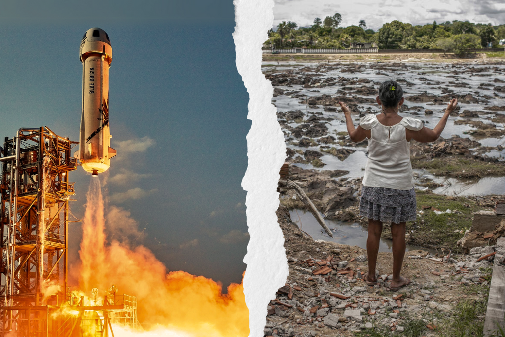 An image contrasts a space rocket launch with a young person surveying the impacts of flooding on their community An image contrasts a space rocket launch with a young person surveying the impacts of flooding on their community