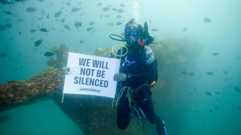 A diver holds a sign that reads 'We will not be silenced - Greenpeace' with part of a ship wreck behind them