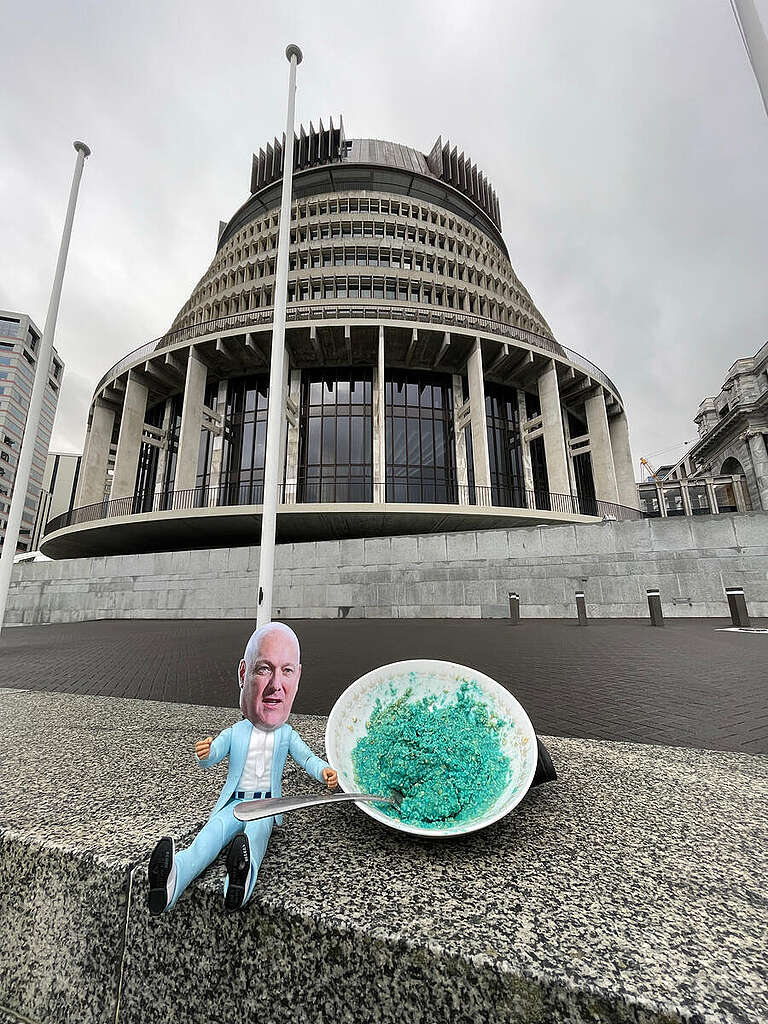 The “Prime Minister” enjoyed a bowl of pretend poisonous porridge on parliament steps with Greenpeace. The breakfast a attended by a Christopher Luxon lookalike, was to highlight the New Zealand Government’s proposal to raise the legal limit of glyphosate residues allowed in staple grains like wheat, oats and barley - from 0.1 mg/kg to 10 mg/kg - a 100-fold increase. The “Prime Minister” enjoyed a bowl of pretend poisonous porridge on parliament steps with Greenpeace.
The breakfast a attended by a Christopher Luxon lookalike, was to highlight the New Zealand Government’s proposal to raise the legal limit of glyphosate residues allowed in staple grains like wheat, oats and barley - from 0.1 mg/kg to 10 mg/kg - a 100-fold increase.