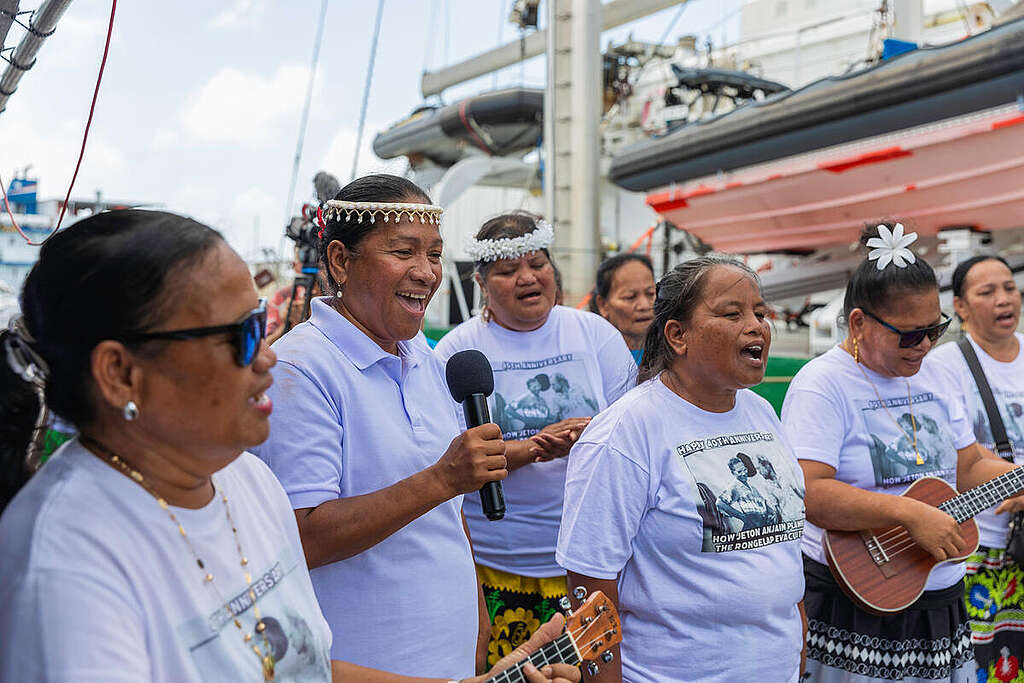Local Marshallese women's group dance and perform cultural songs at the Rainbow Warrior welcome ceremony in Majuro.

